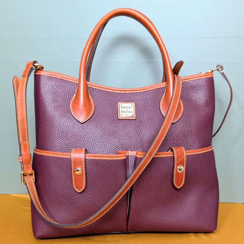 Dooney & Bourke Plum Pebble Leather Tote with Tan Trim